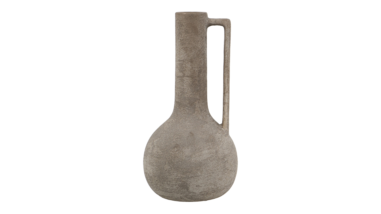 Tall terracotta vase with a narrow neck, round base, and a geometric handle