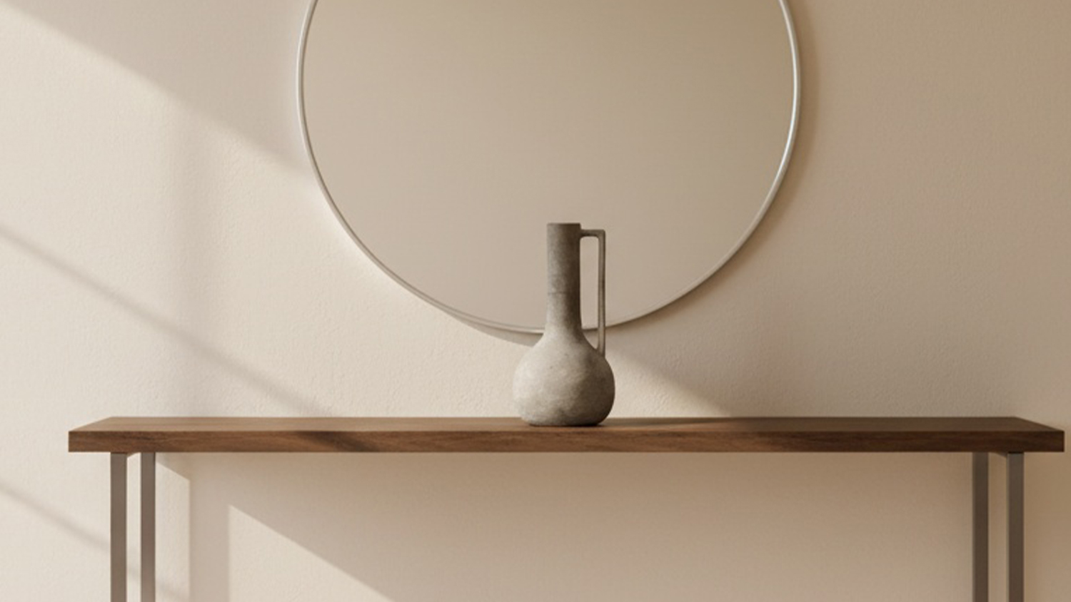 Rustic ceramic vase displayed as a sculptural accent on a modern wooden console
