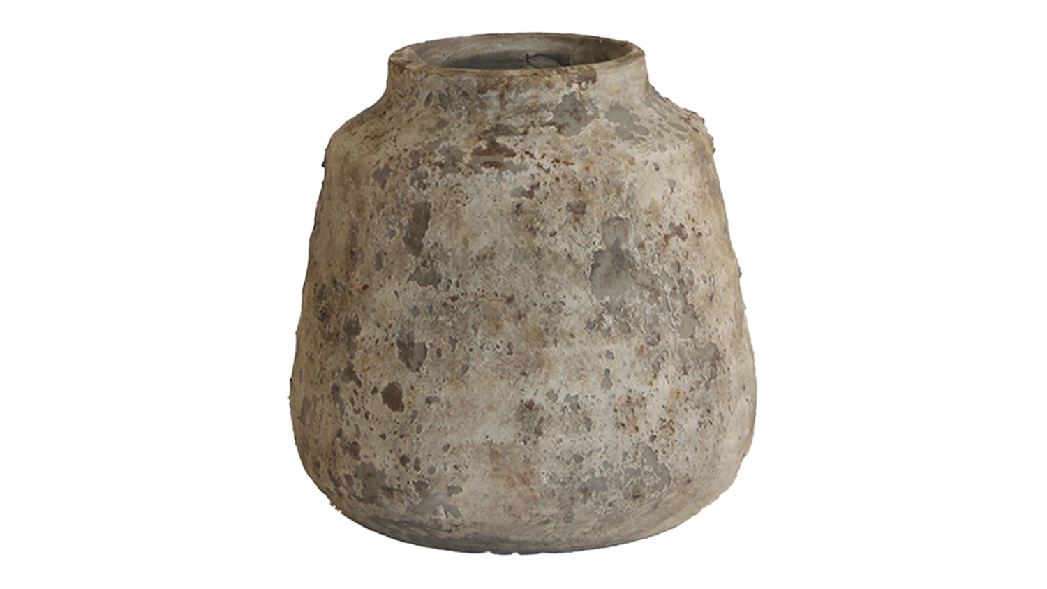A small terracotta vase with a rusty and weathered stone-look finish