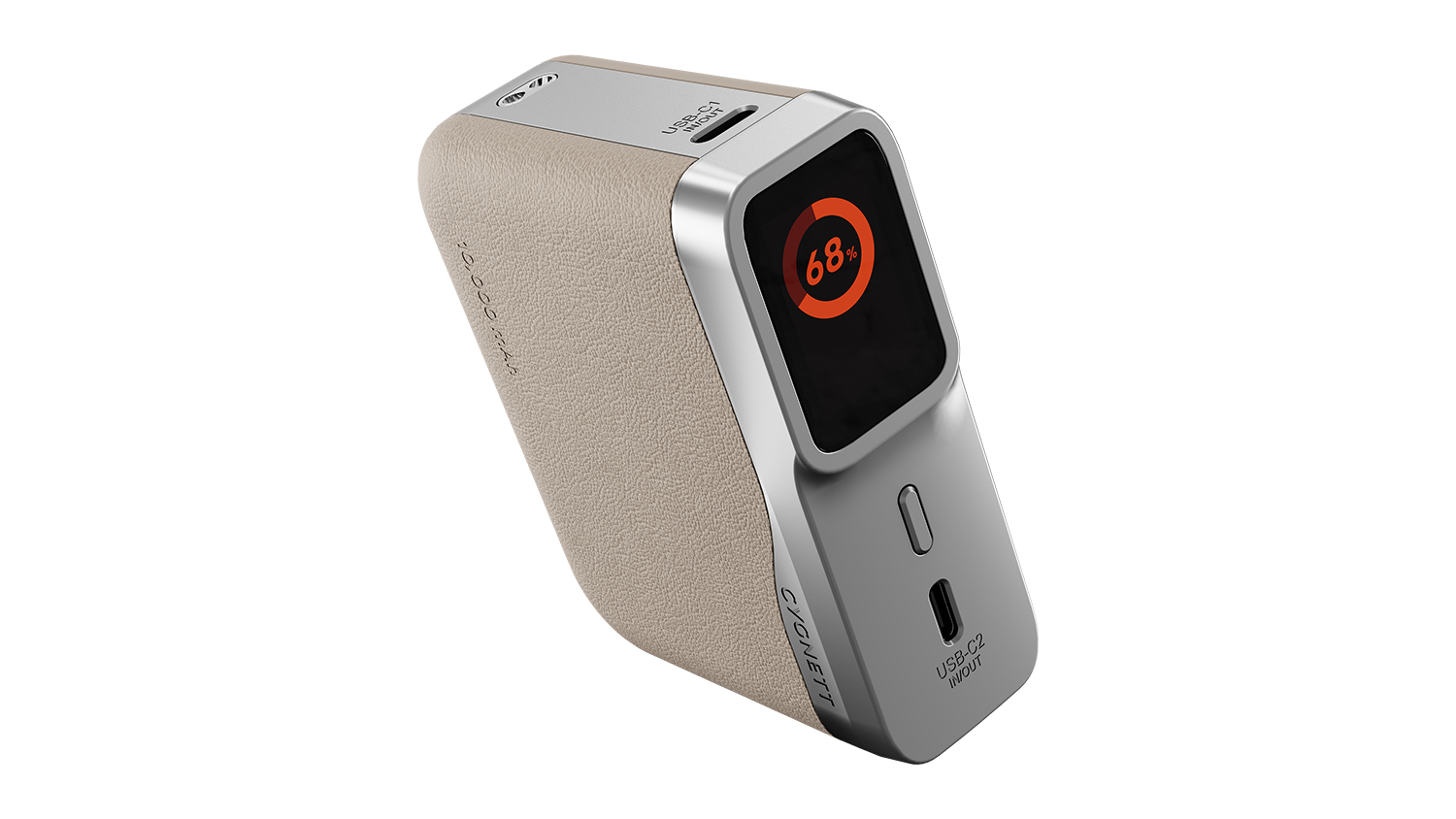 Angled view of the ivory and silver power bank displaying 68% battery on its digital screen
