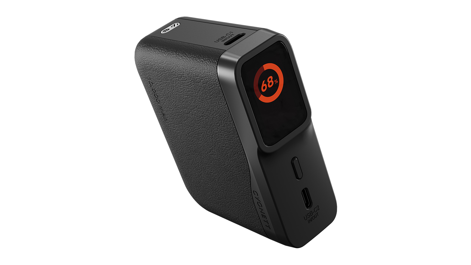 Angled view of the graphite and black power bank displaying 68% battery on its digital screen