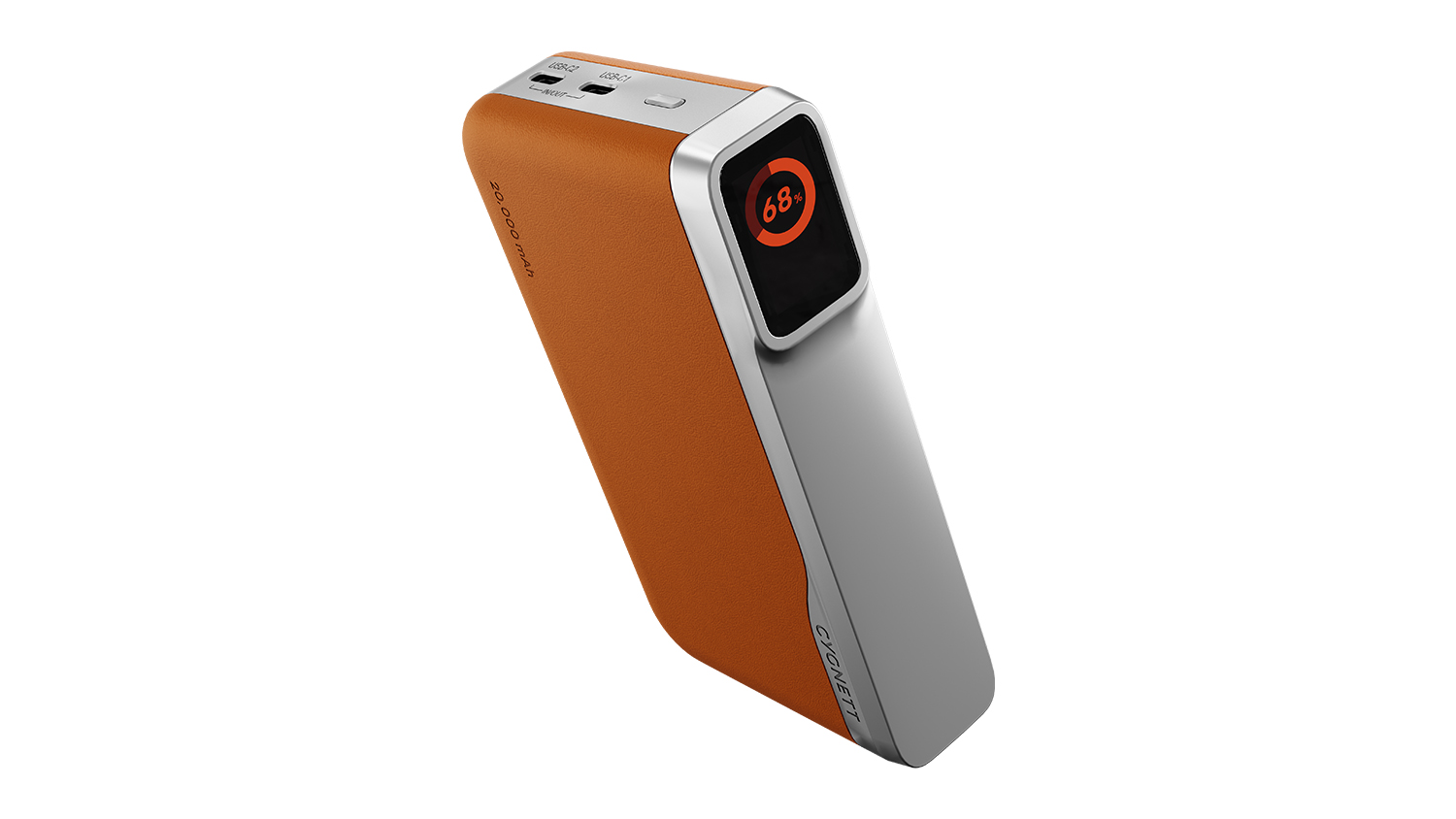 Angled view of the brown and silver power bank displaying 68% battery on its digital screen
