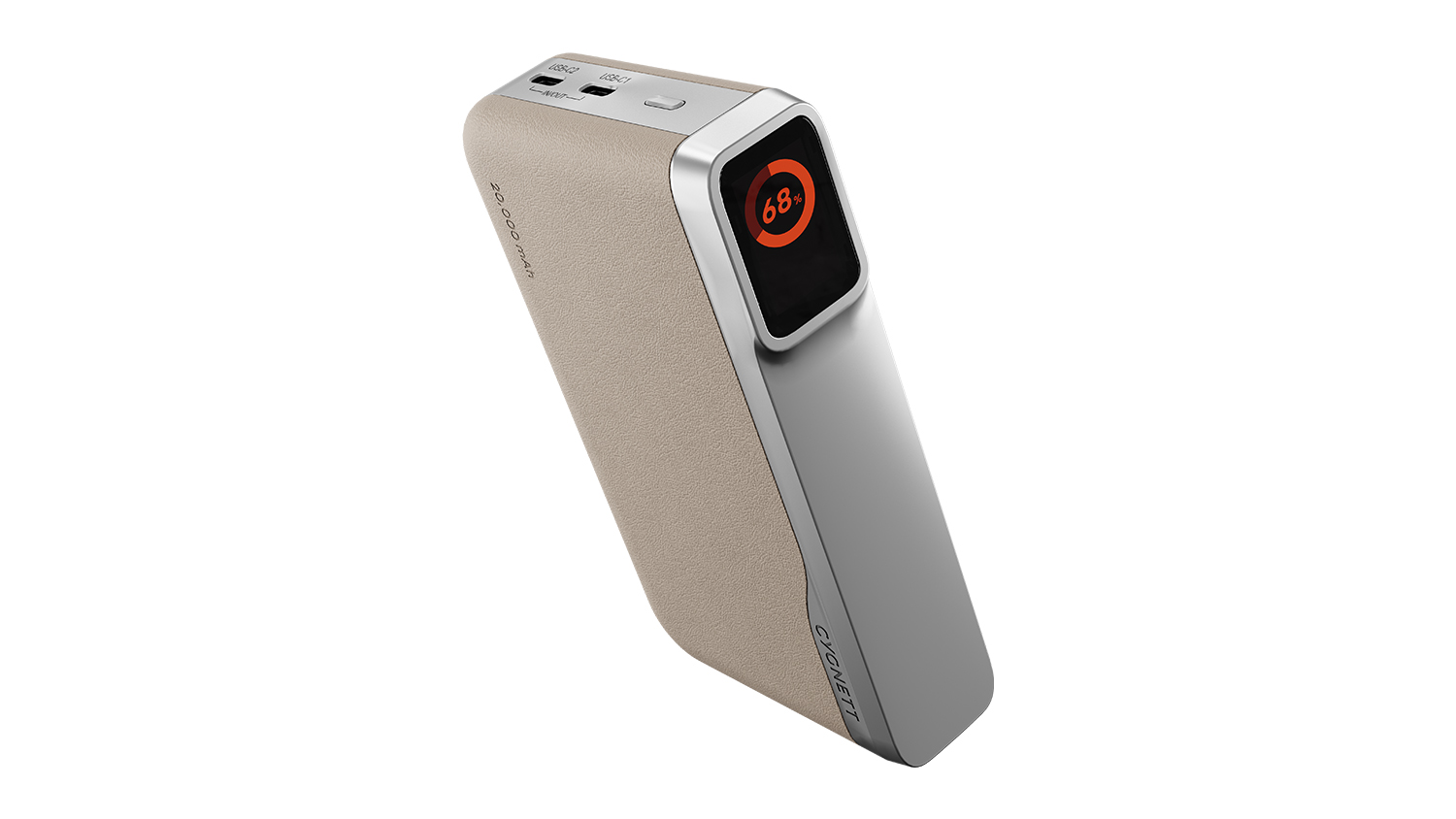 Angled view of the tan and silver power bank displaying 68% battery on its digital screen