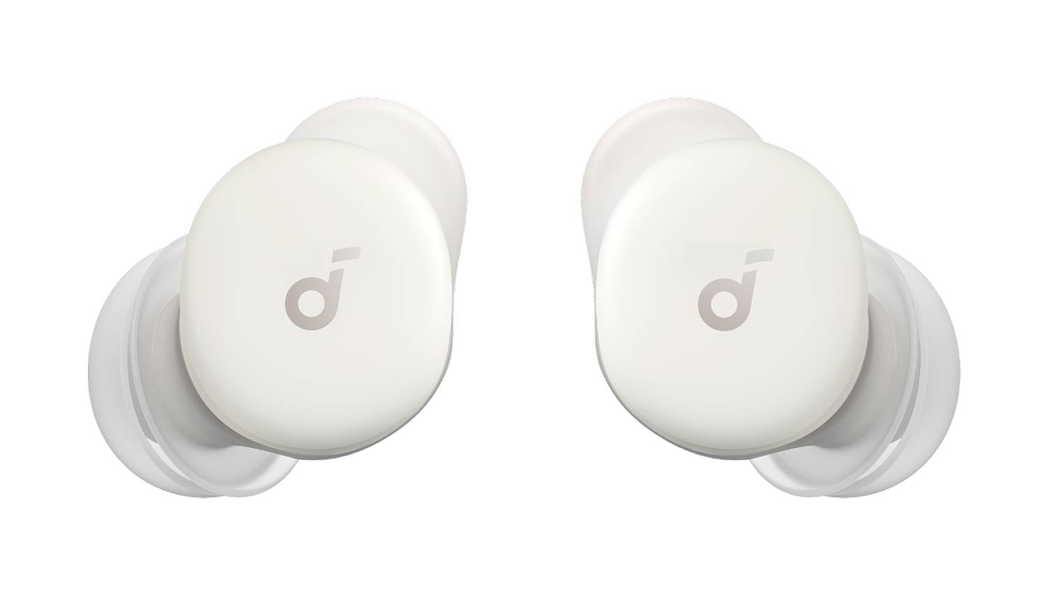 Two white Soundcore Sleep A30 In-Ear Headphones with logo, designed for in-ear comfort and noise cancellation