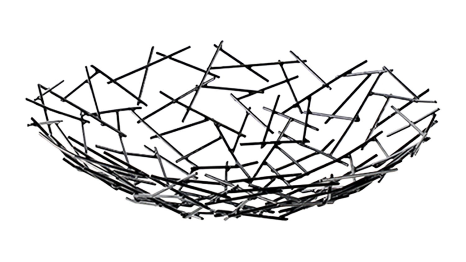 Black metal decorative bowl with a unique crisscrossed stick form