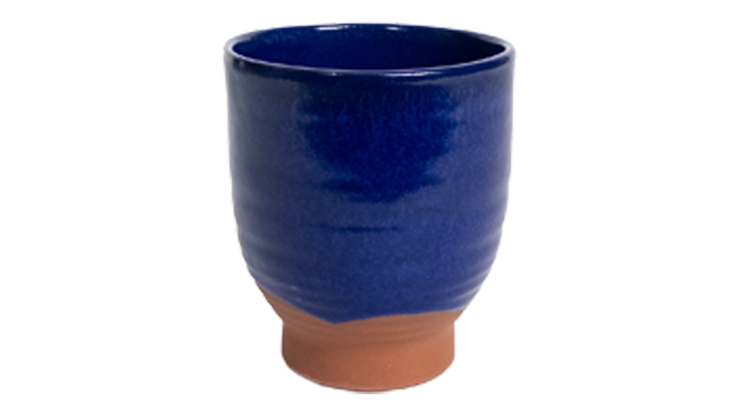 Blue ceramic planter with a brown base and smooth, rounded form