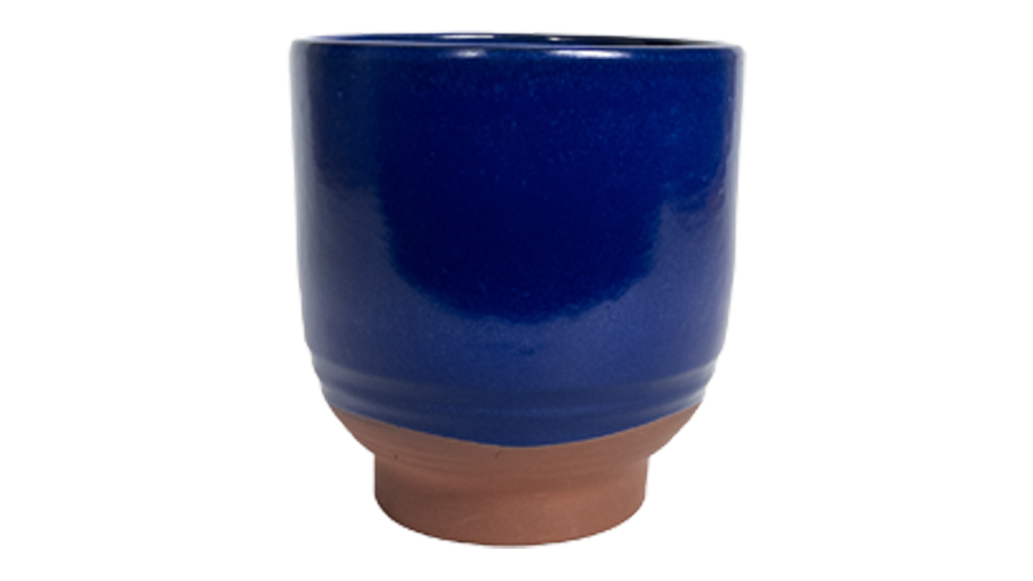 Blue ceramic planter with a brown base and smooth, rounded form