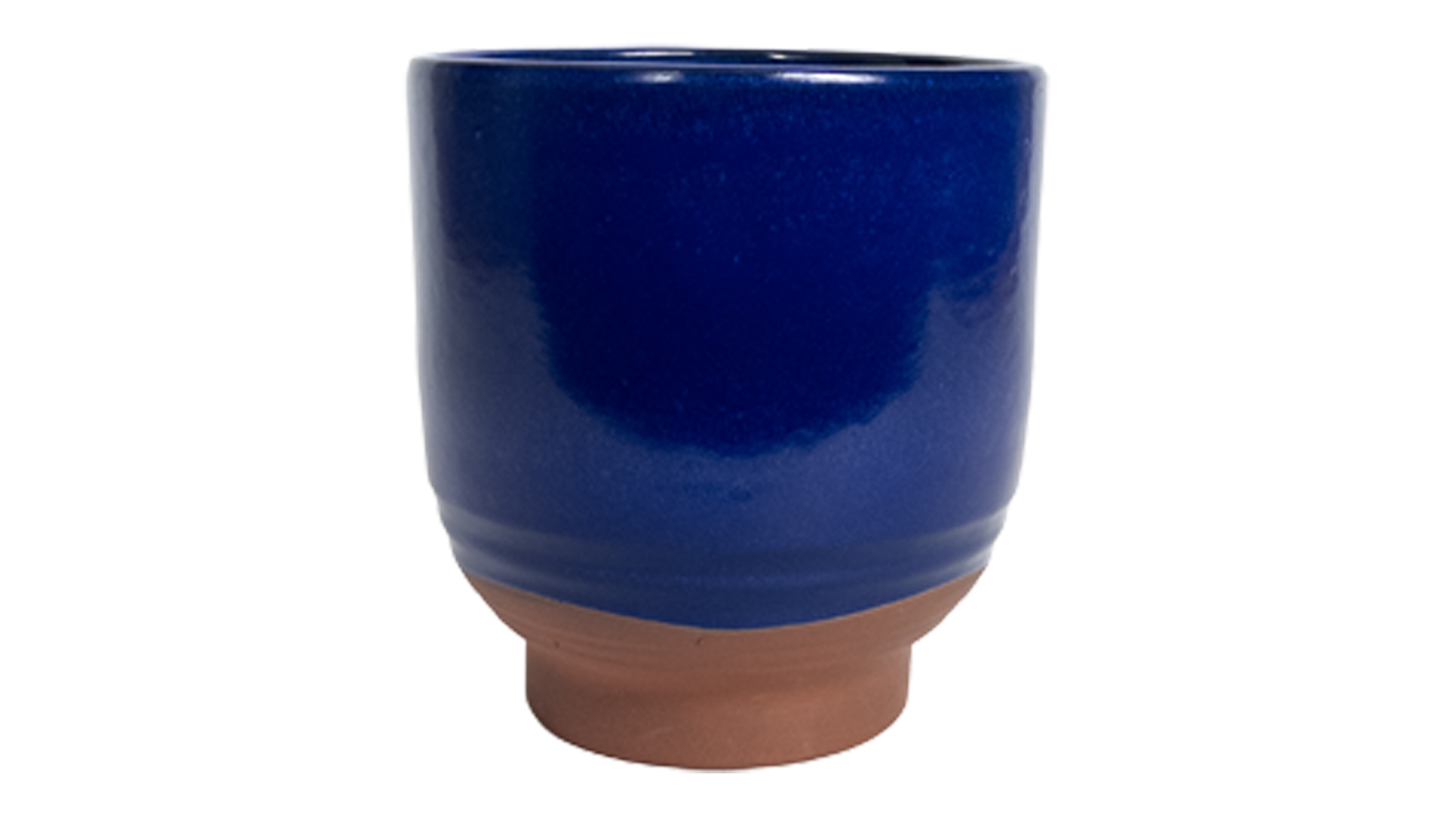 Blue ceramic planter with a brown base and smooth, rounded form