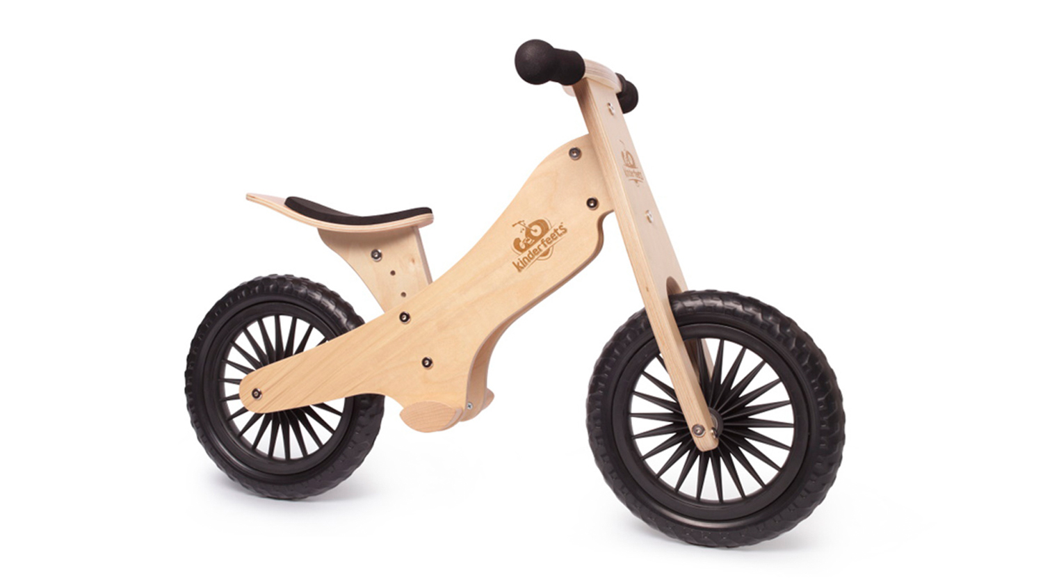 A Kinderfeets Balance Bike with black tyres and the Kinderfeets logo