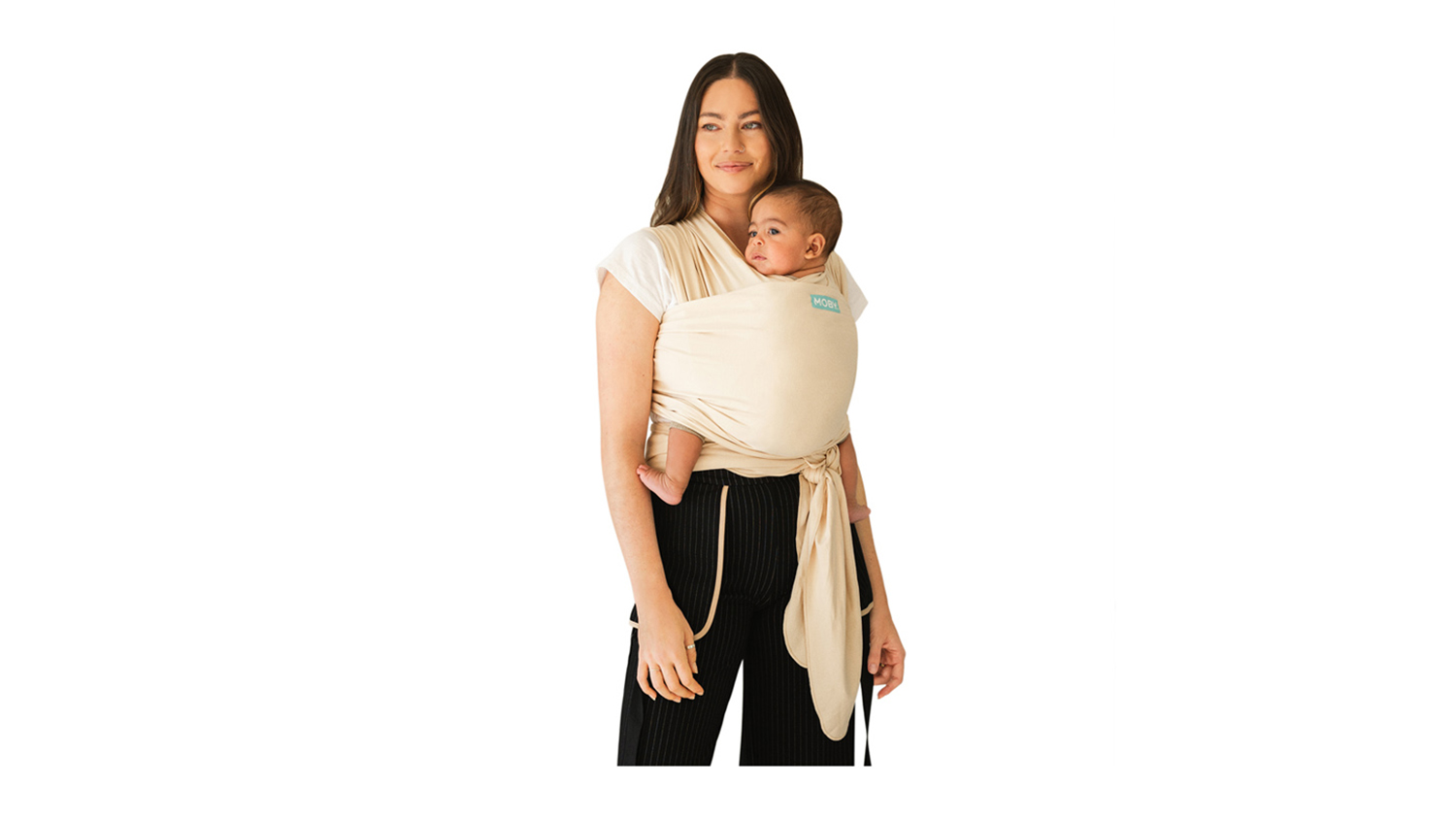 An adult wearing a Moby Classic Baby Wrap with the baby facing inward on the chest