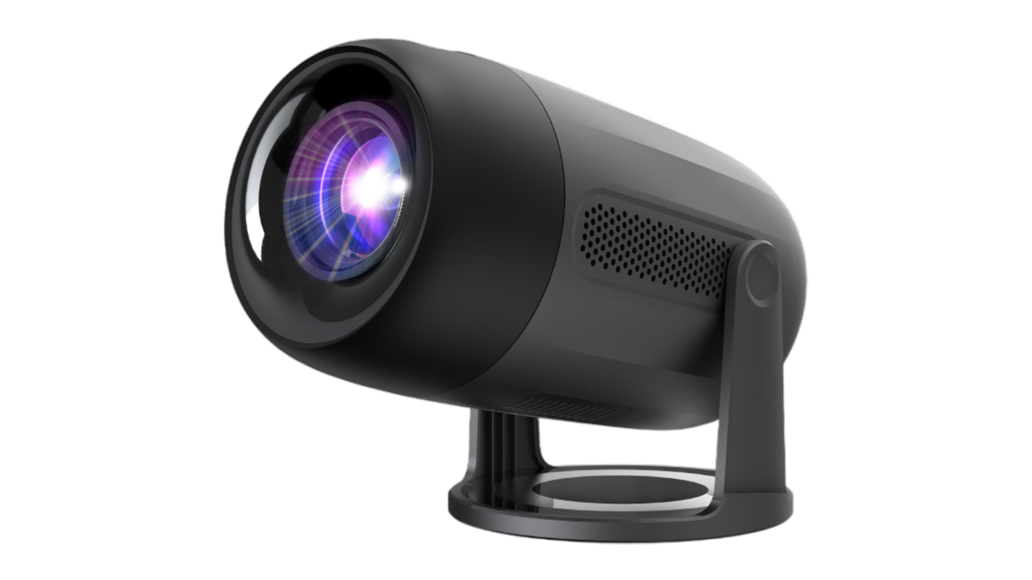 A slightly angled view of a Philips NeoPix 150 Projector, featuring a grey finish and vibrant LED light source