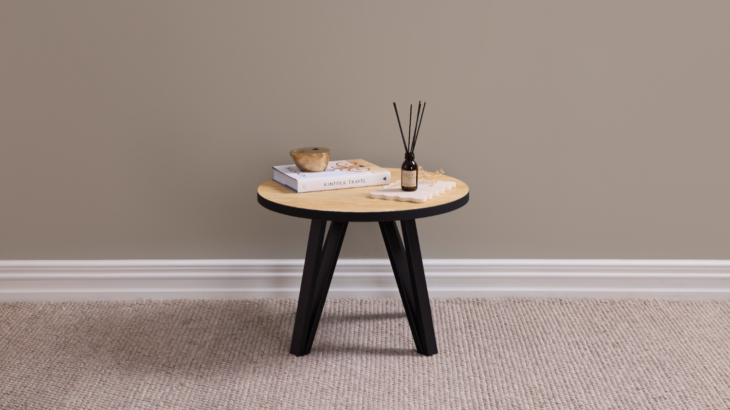 Styled Orb 600mm Lamp Table with a round wood top and black legs