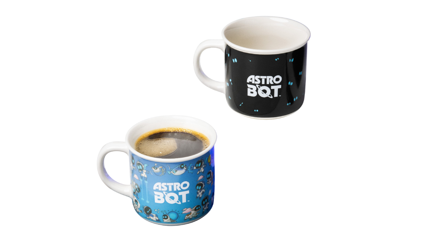 Two Astro Bot mugs, one black and one light blue, showing the colour-changing feature after adding hot liquid