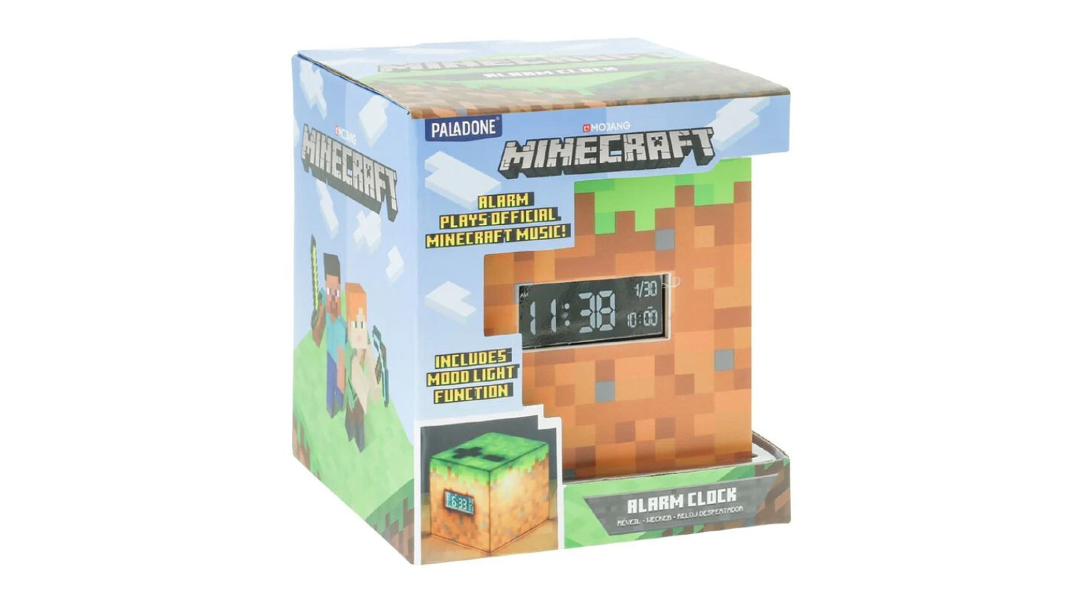 A Minecraft alarm clock packaging showing the Grass Block design, light function, and official music alarm