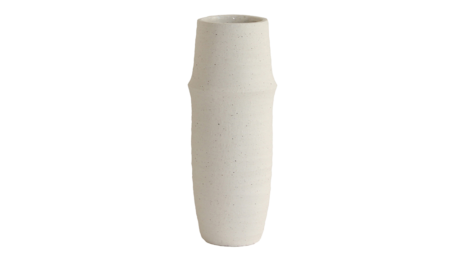 A small white stoneware vase with a smooth, slightly textured surface