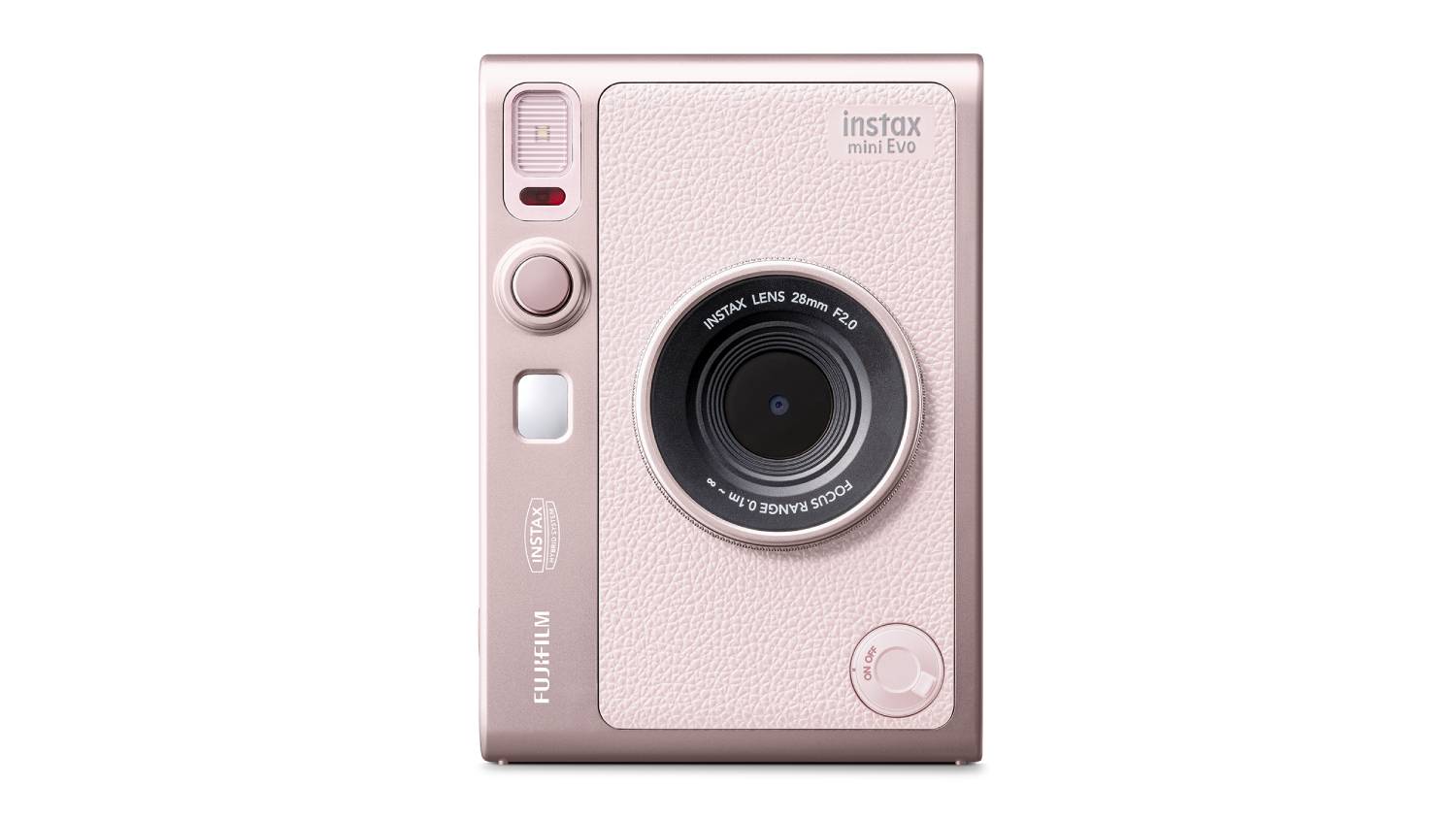 Front view of the pink Instax Mini Evo camera showing lens, control dials, and flash