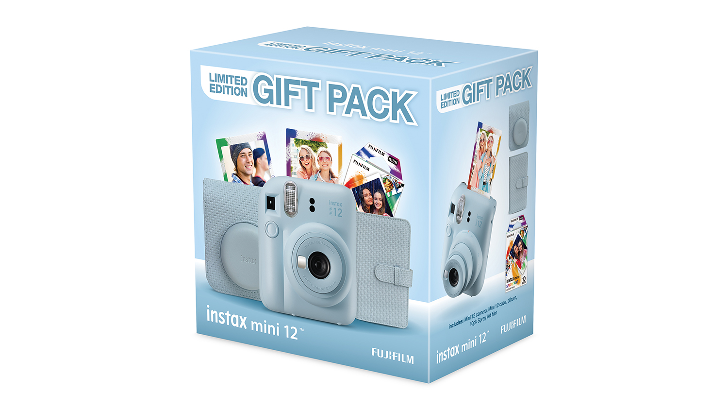 An Instax Mini 12 Instant Film Camera in a blue limited edition gift pack