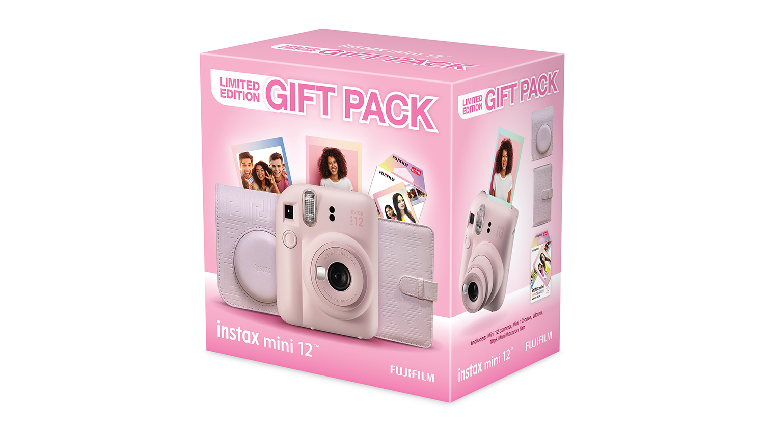 An Instax Mini 12 Instant Film Camera in a pink limited edition gift pack