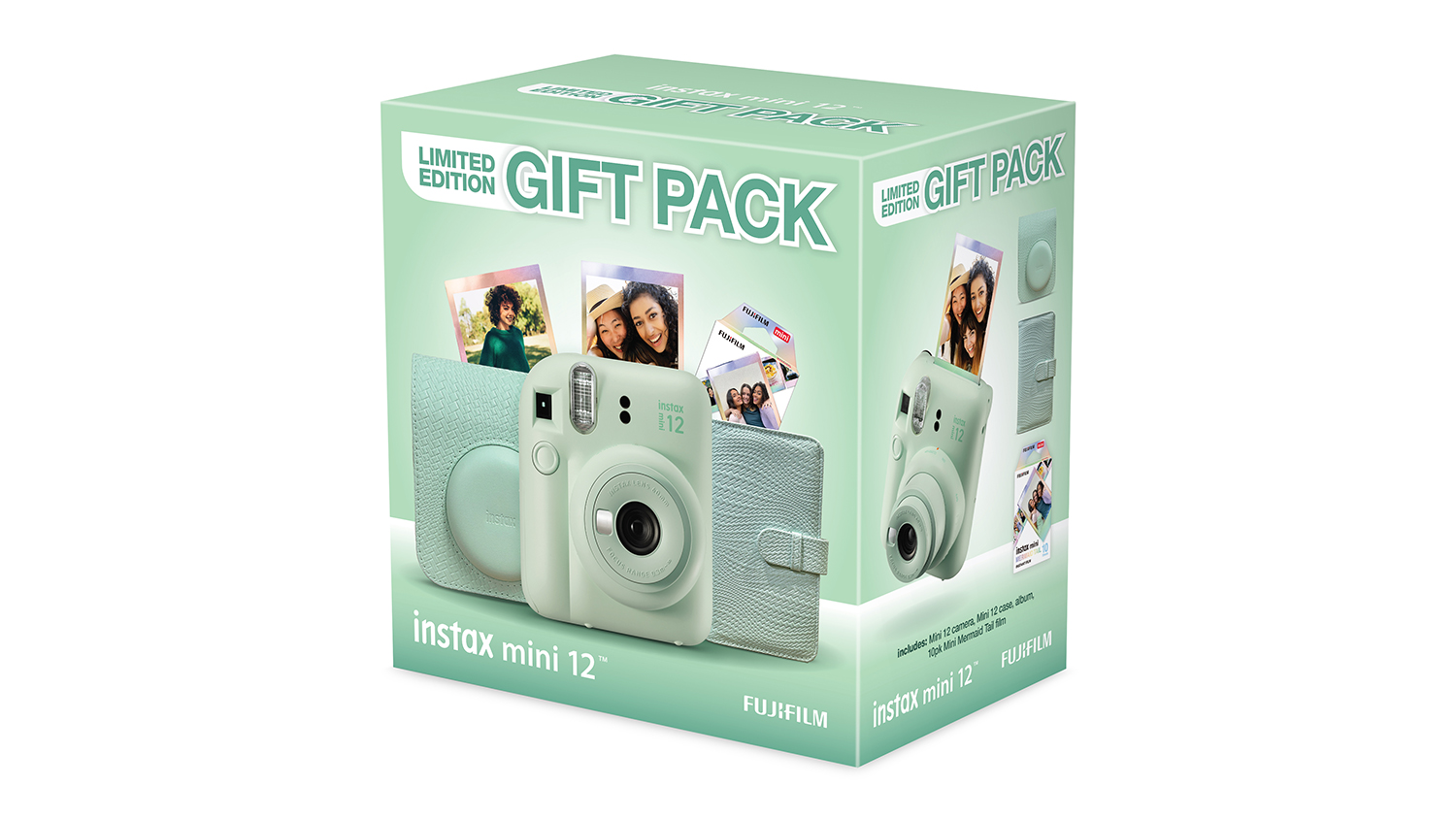 An Instax Mini 12 Instant Film Camera in a green limited edition gift pack