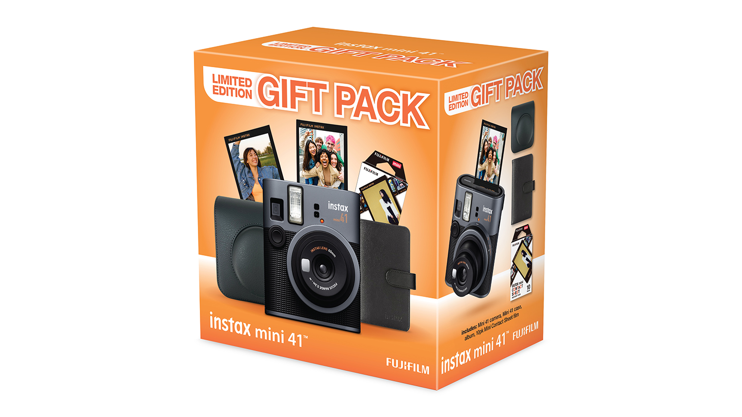 An Instax Mini 41 Instant Film Camera in an orange limited edition gift pack