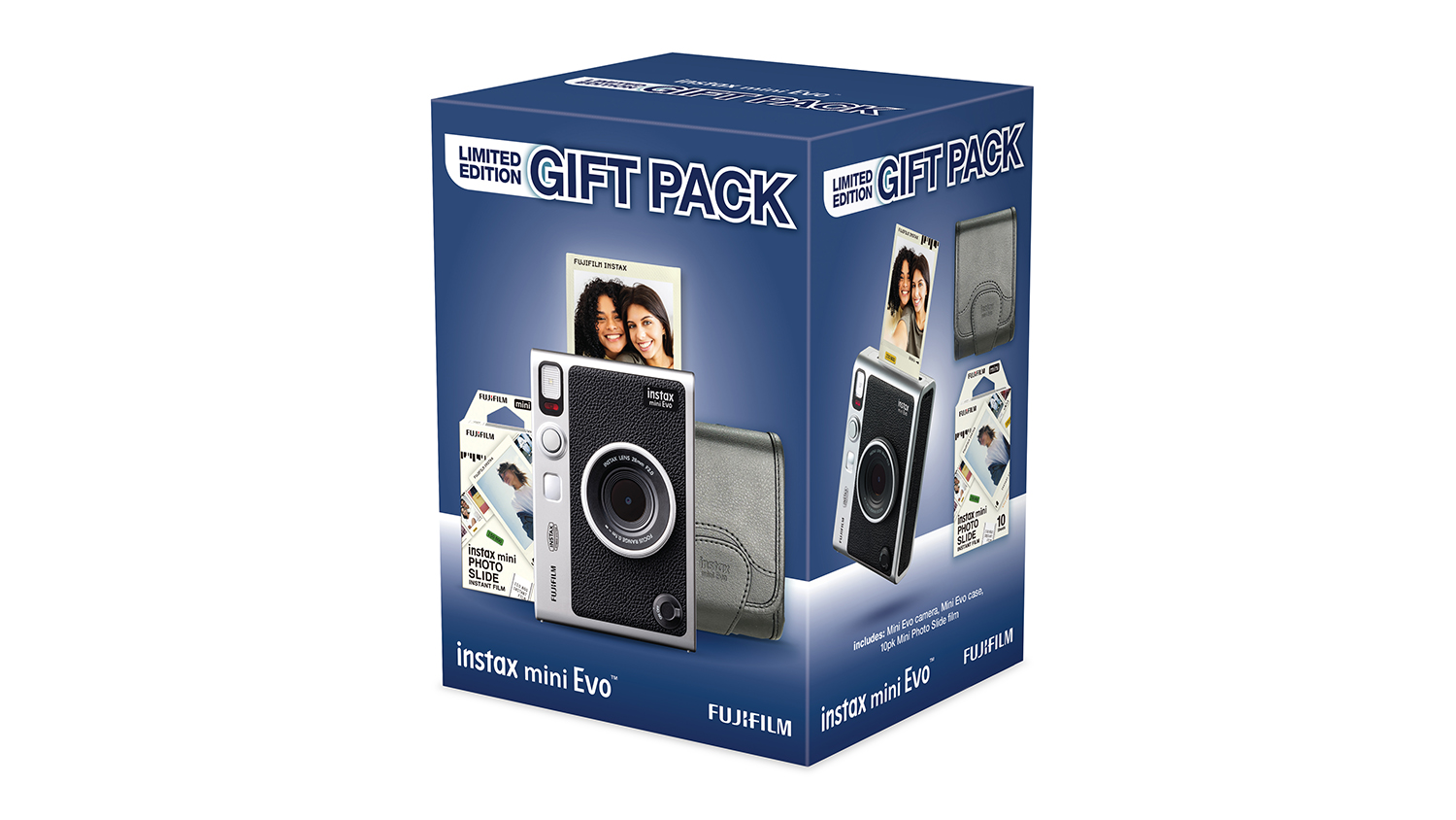 An Instax Mini Evo Instant Film Camera in a blue limited edition gift pack