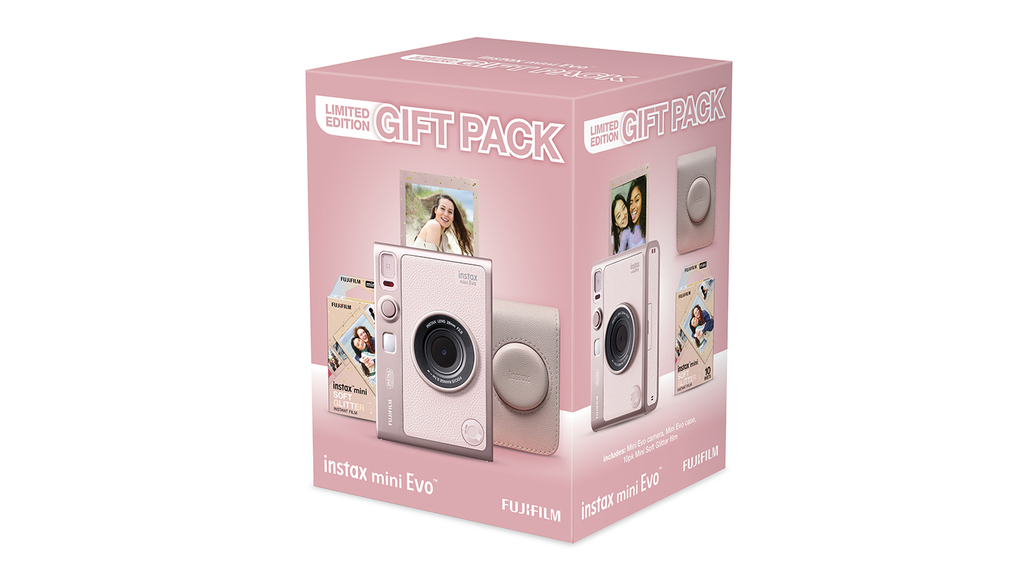 An Instax Mini Evo Instant Film Camera in a pink limited edition gift pack
