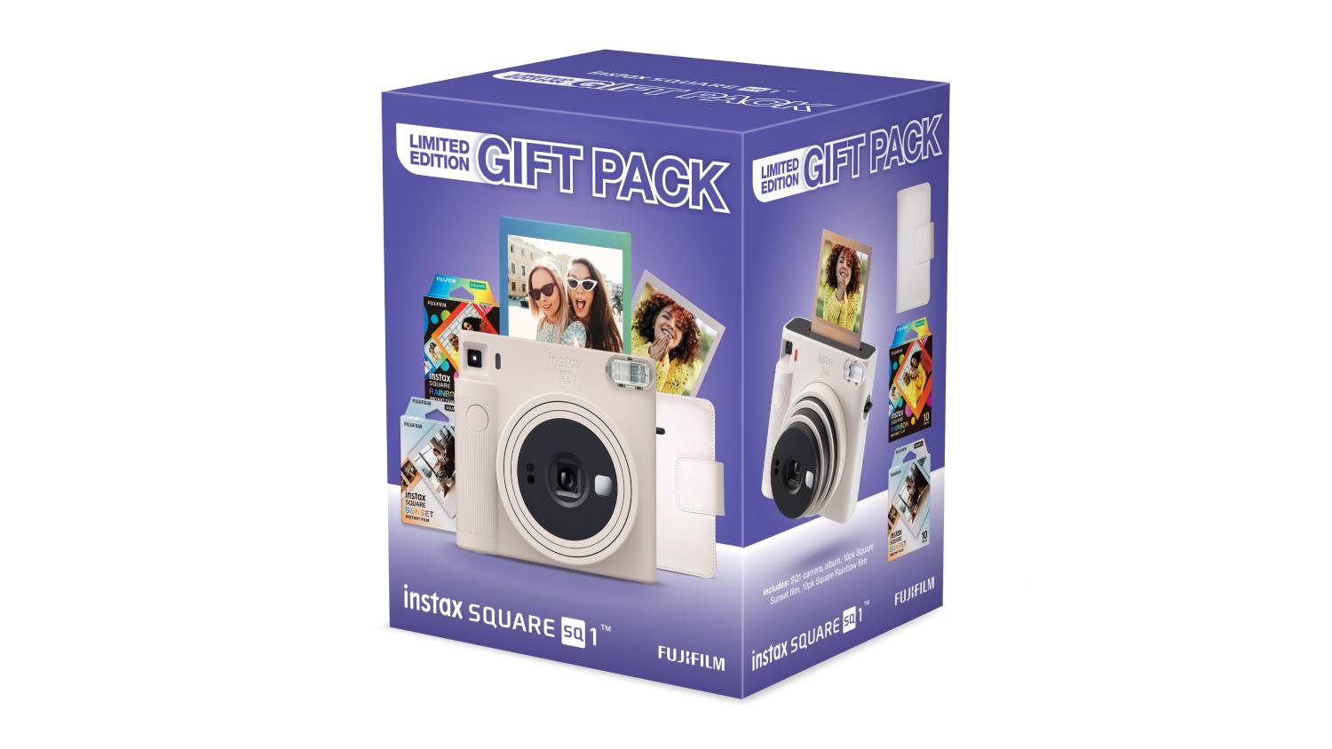 Angled view of the Instax Square SQ1 Chalk White gift pack box with camera and accessories shown