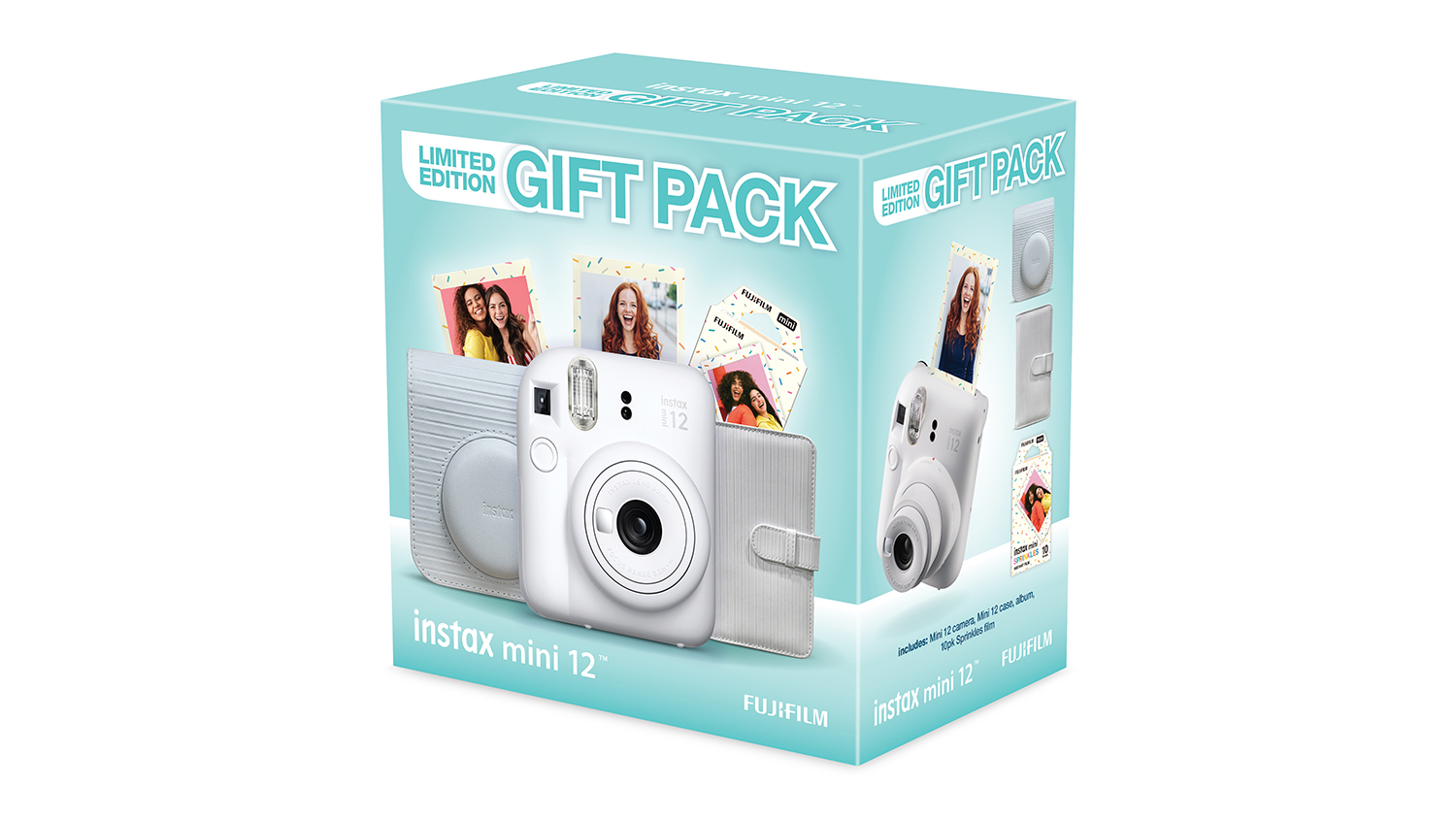 An Instax Mini 12 Instant Film Camera in a green limited edition gift pack