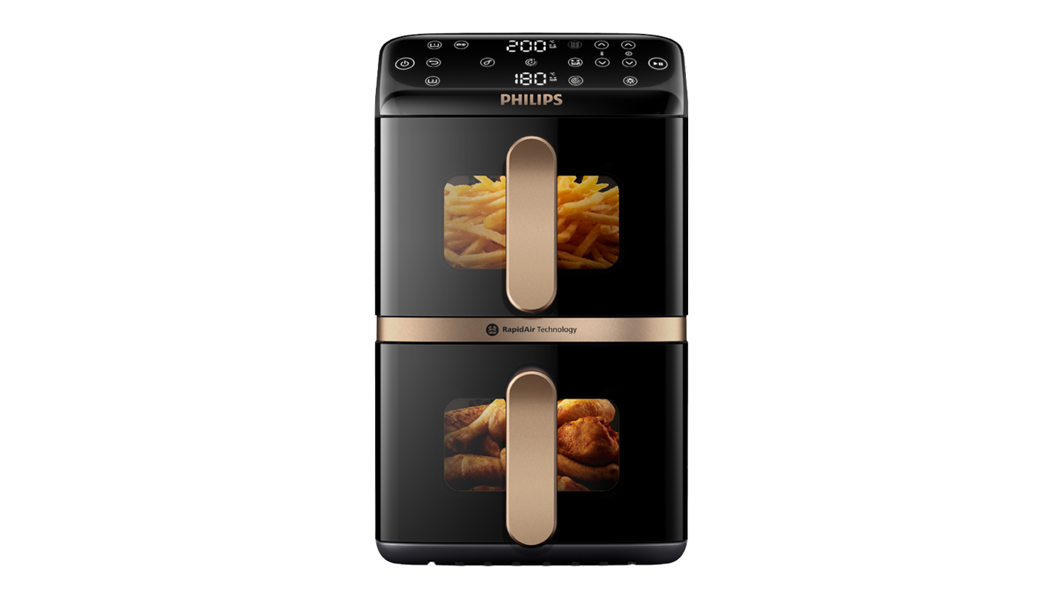A Philips 4000 Series Stacked Dual Basket 10L Air Fryer in vibrant black and copper