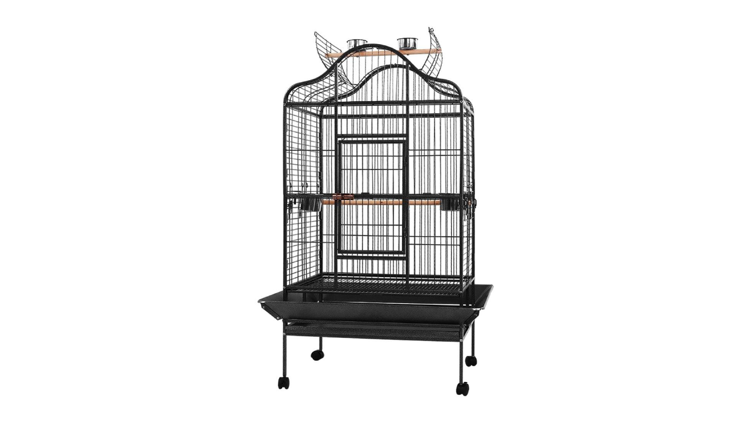 Large black metal birdcage with curved top, wooden perch, feeding cups, and wheeled stand