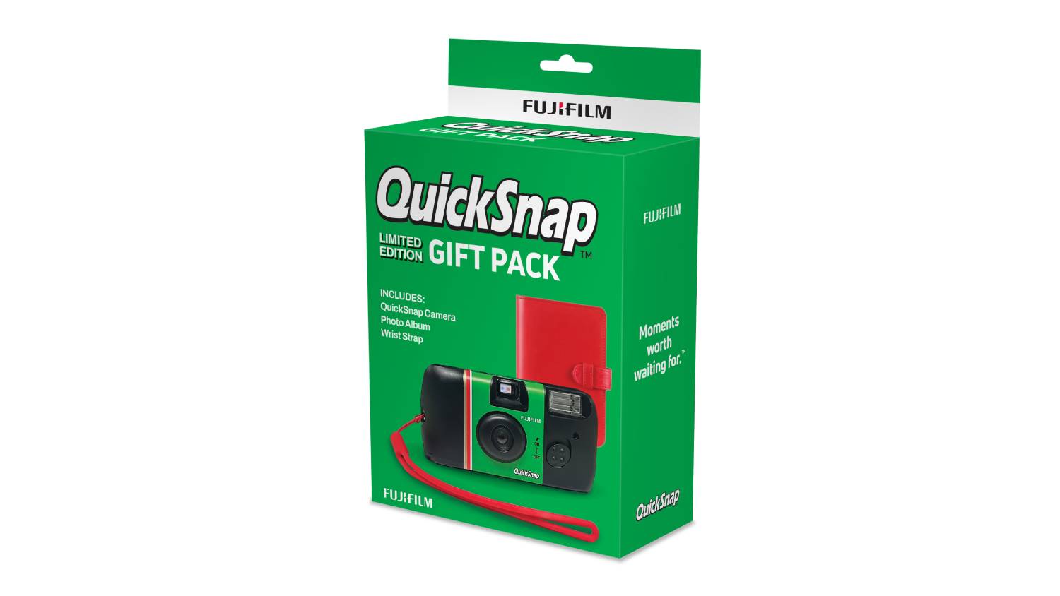 Fujifilm QuickSnap Flash 400 gift pack box with black and green camera, red photo album, and red wrist strap