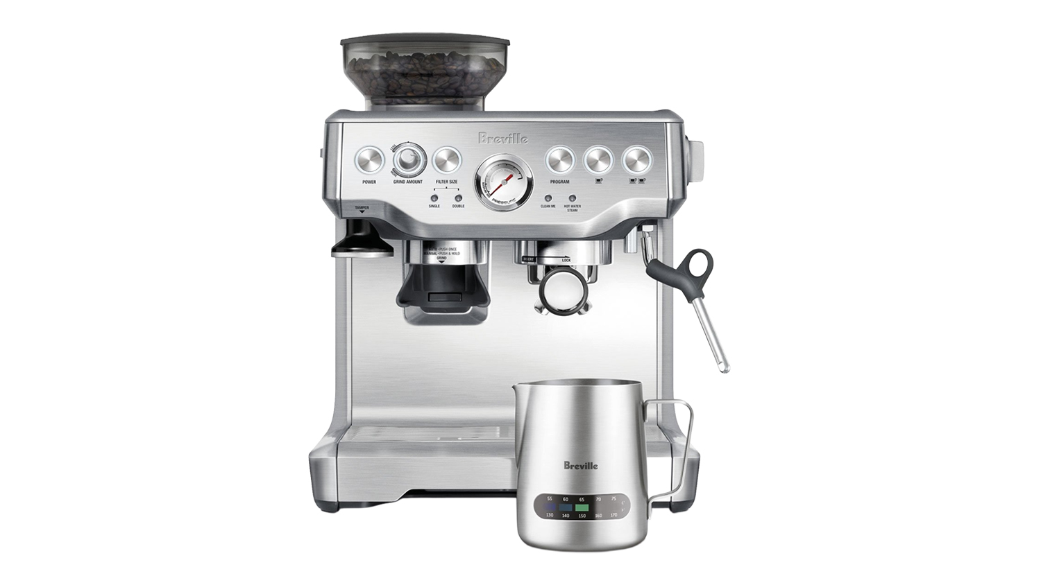 Breville the Barista Express Machine in Brushed Stainless Steel finish with milk jug