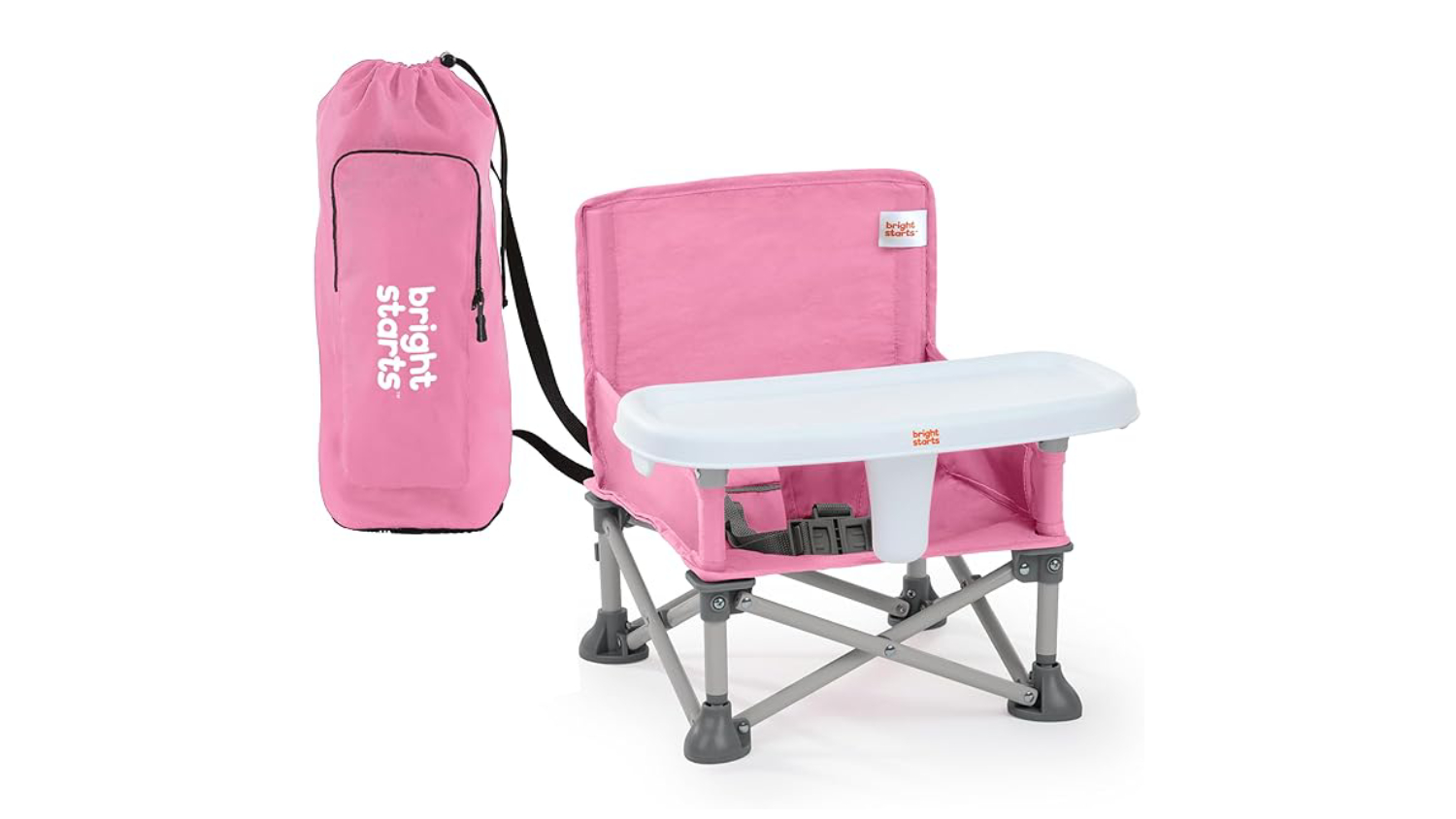 Pink portable baby booster seat with tray and safety straps, shown with matching carry bag labelled “Bright Starts”