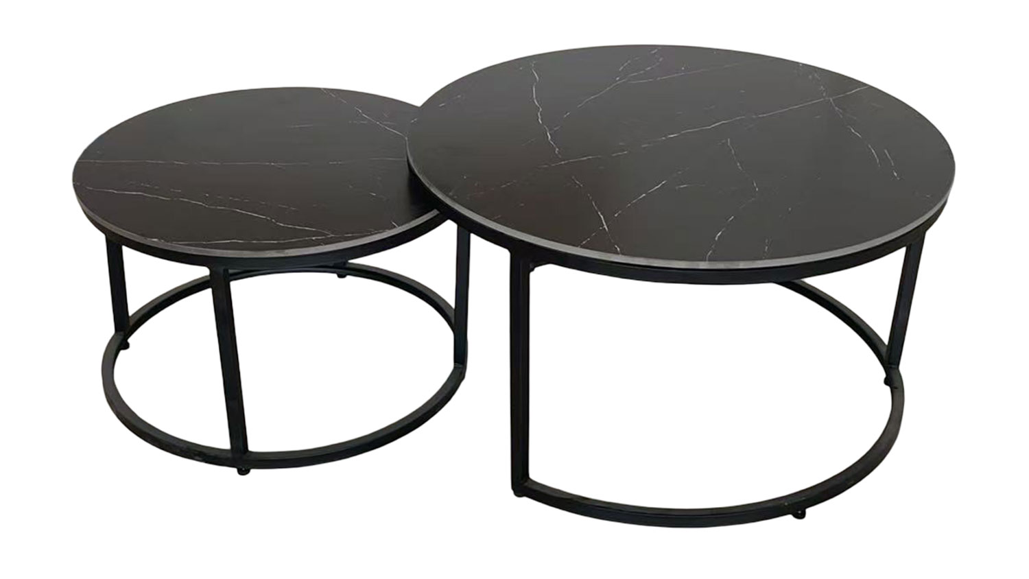 Comet Nest of 2 Tables. Two stylish round black sintered stone nesting tables with black metal frames, one slightly smaller and tucked under.