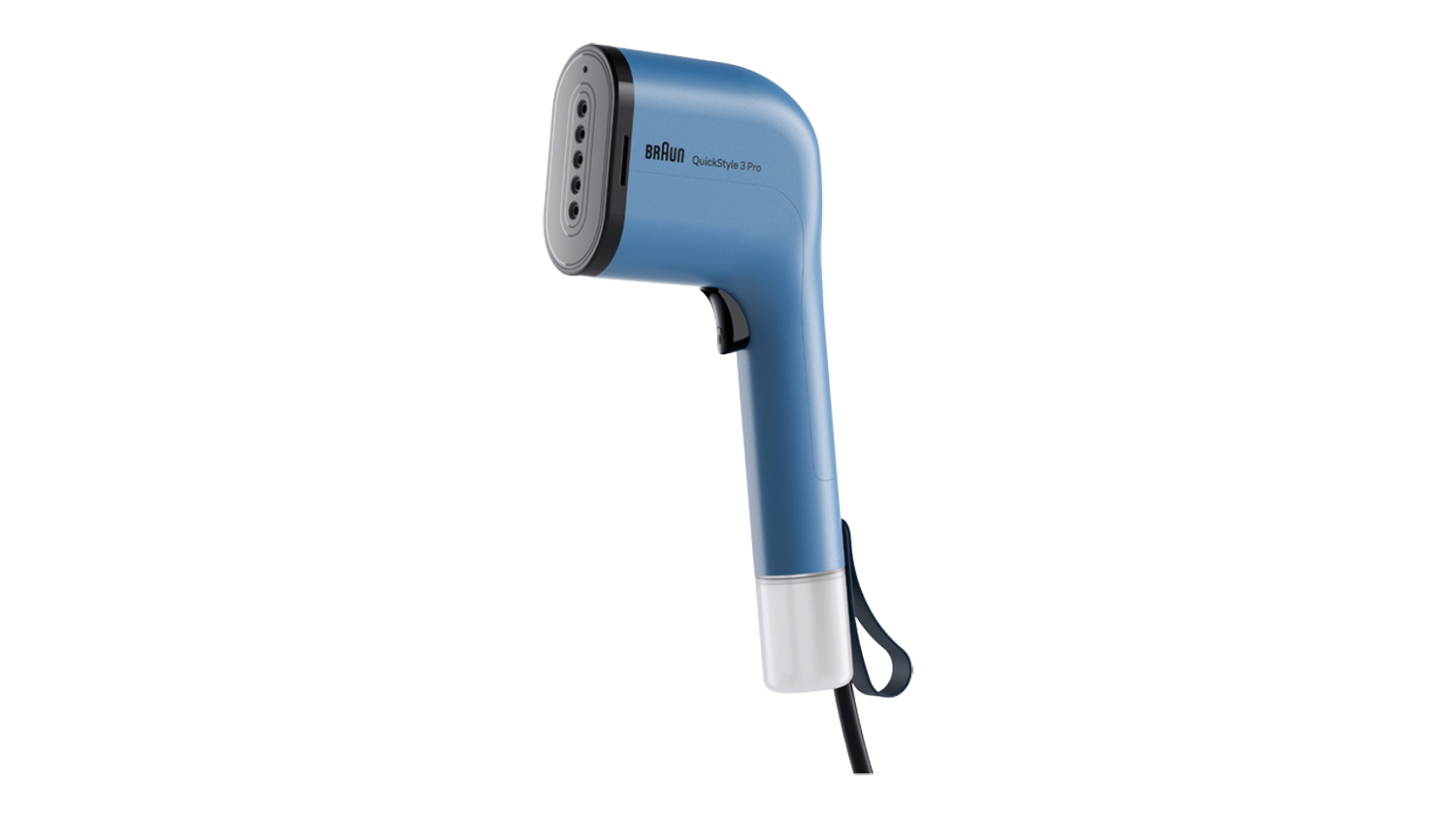 A Braun QuickStyle 3 Handheld Garment Steamer in vibrant blue