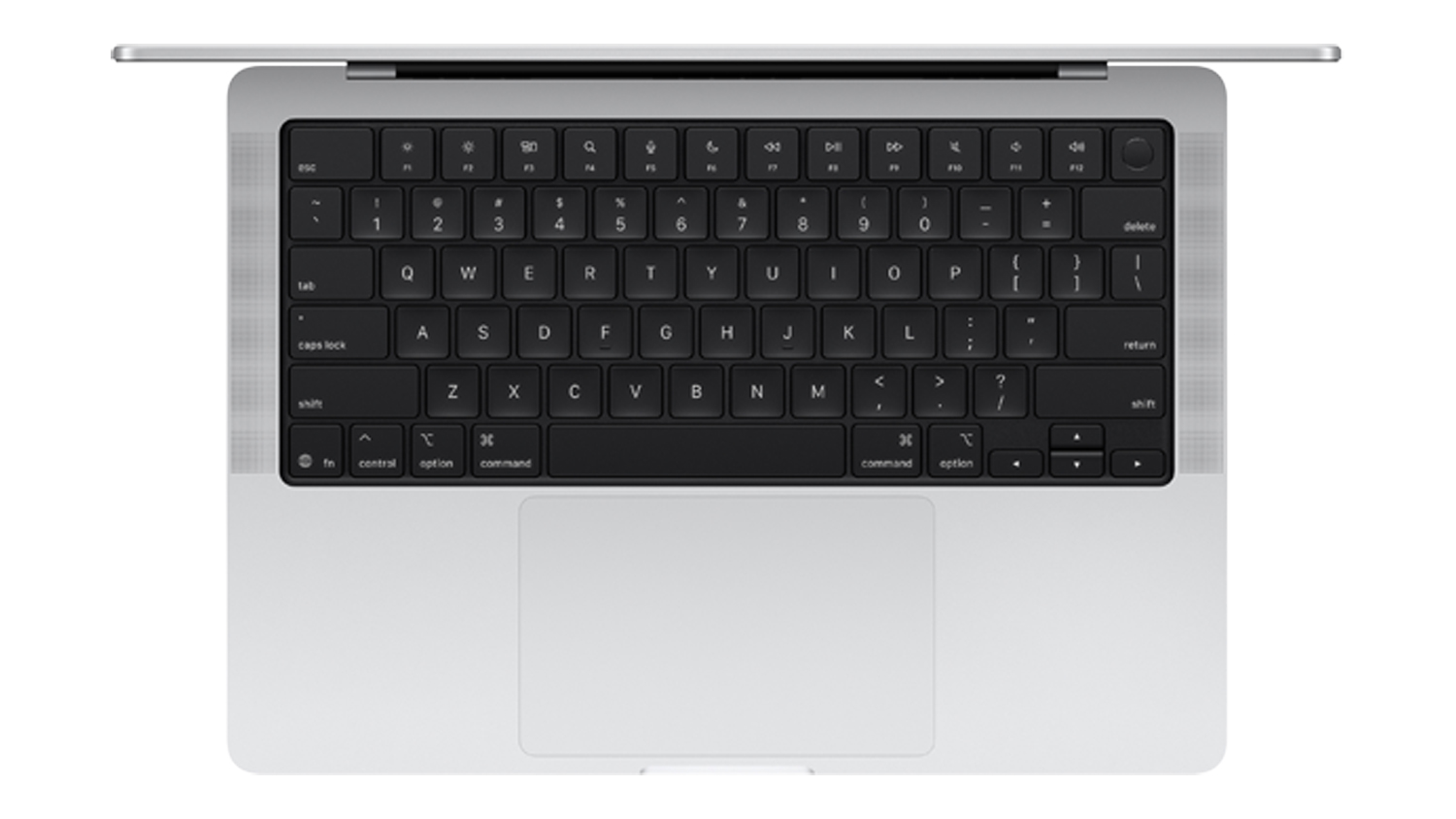 Top-down view of a MacBook Pro in Silver finish, showing its open keyboard and sleek trackpad