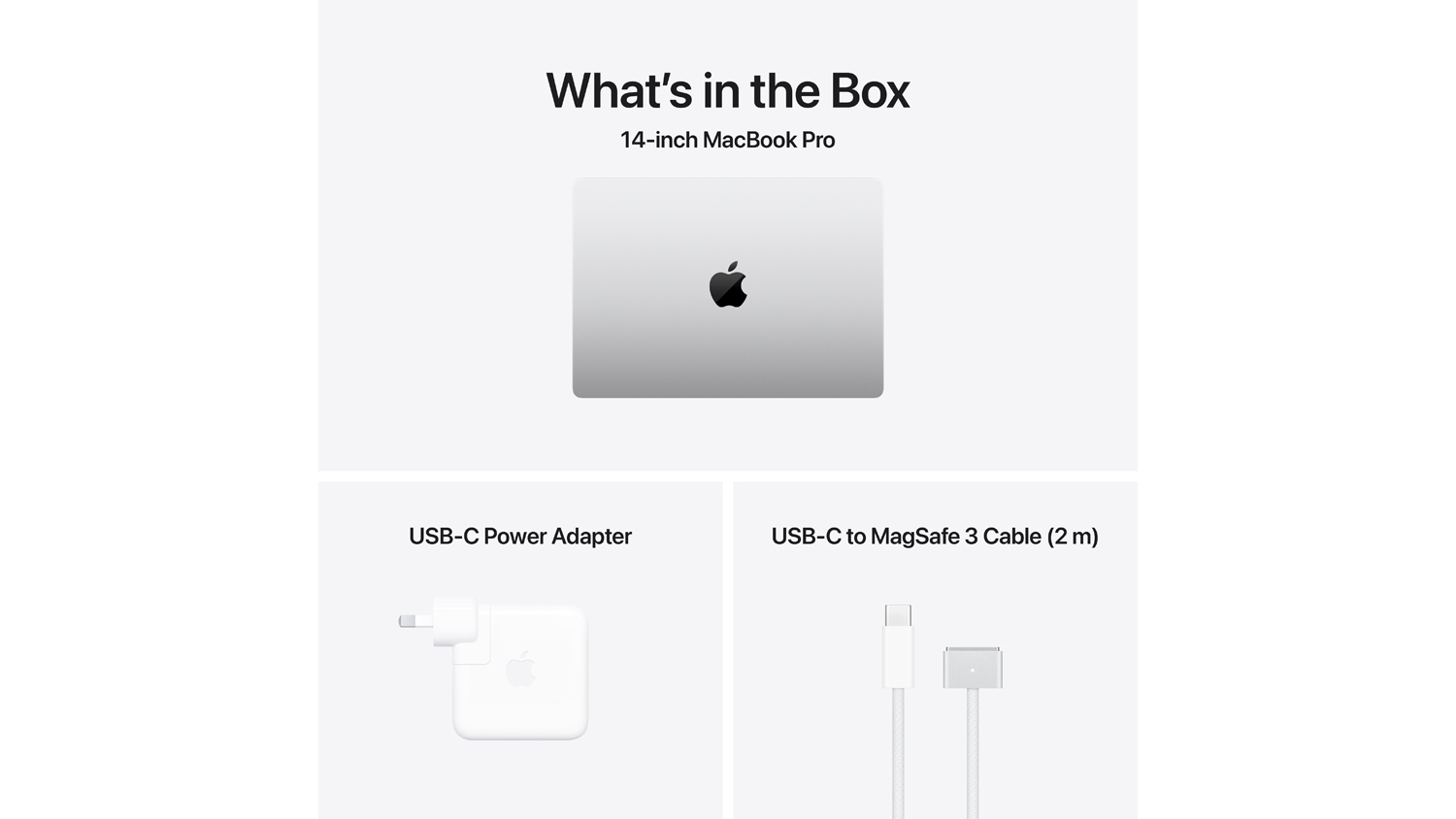 An overview of the packaging’s contents: 14-inch MacBook Pro, USB-C Power Adapter, and USB-C to MagSafe 3 Cable