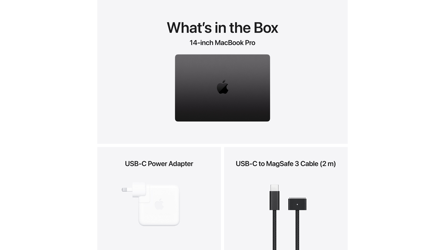 An overview of the packaging’s contents: 14-inch MacBook Pro, USB-C Power Adapter, and USB-C to MagSafe 3 Cable