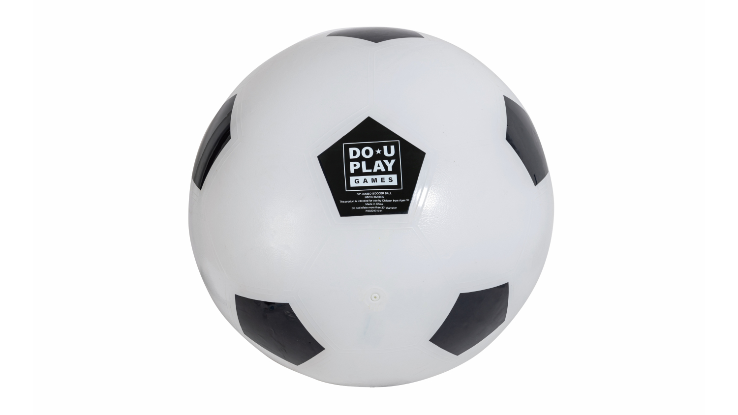 Large white and black inflatable soccer ball with Do U Play Games logo on the front