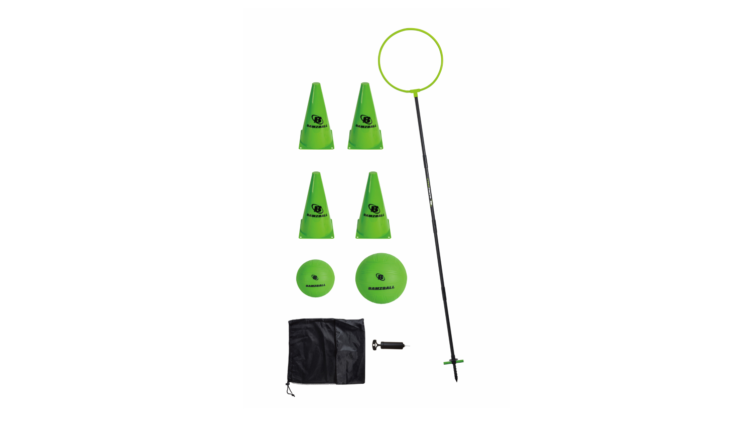 Bamzball game set with four green cones, two balls, a hoop on a pole, a pump, and a carrying bag