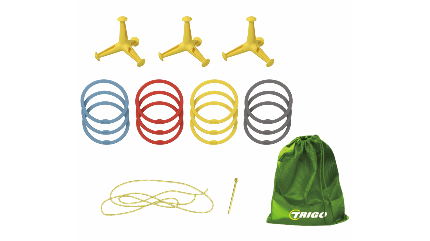 Trigo ring toss game set with yellow stands, colourful rings, measuring line, stake, and green storage bag