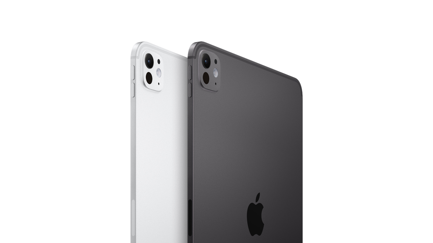 Close-up of the corners of two iPads, highlighting its contrasting colour options—Space Black and Silver