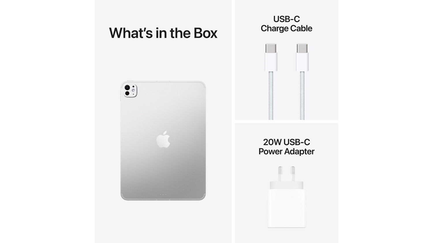 An overview of the packaging’s contents: 11-inch iPad Pro, 20W USB-C Power Adapter, and USB-C Charge Cable