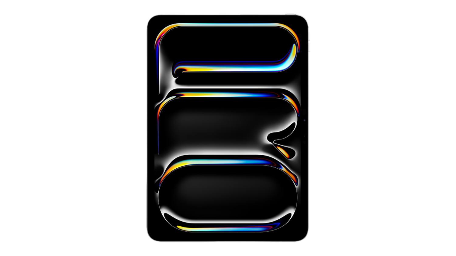 Front view of the 11-inch iPad Pro in Silver finish, displaying glowing rounded lines wallpaper