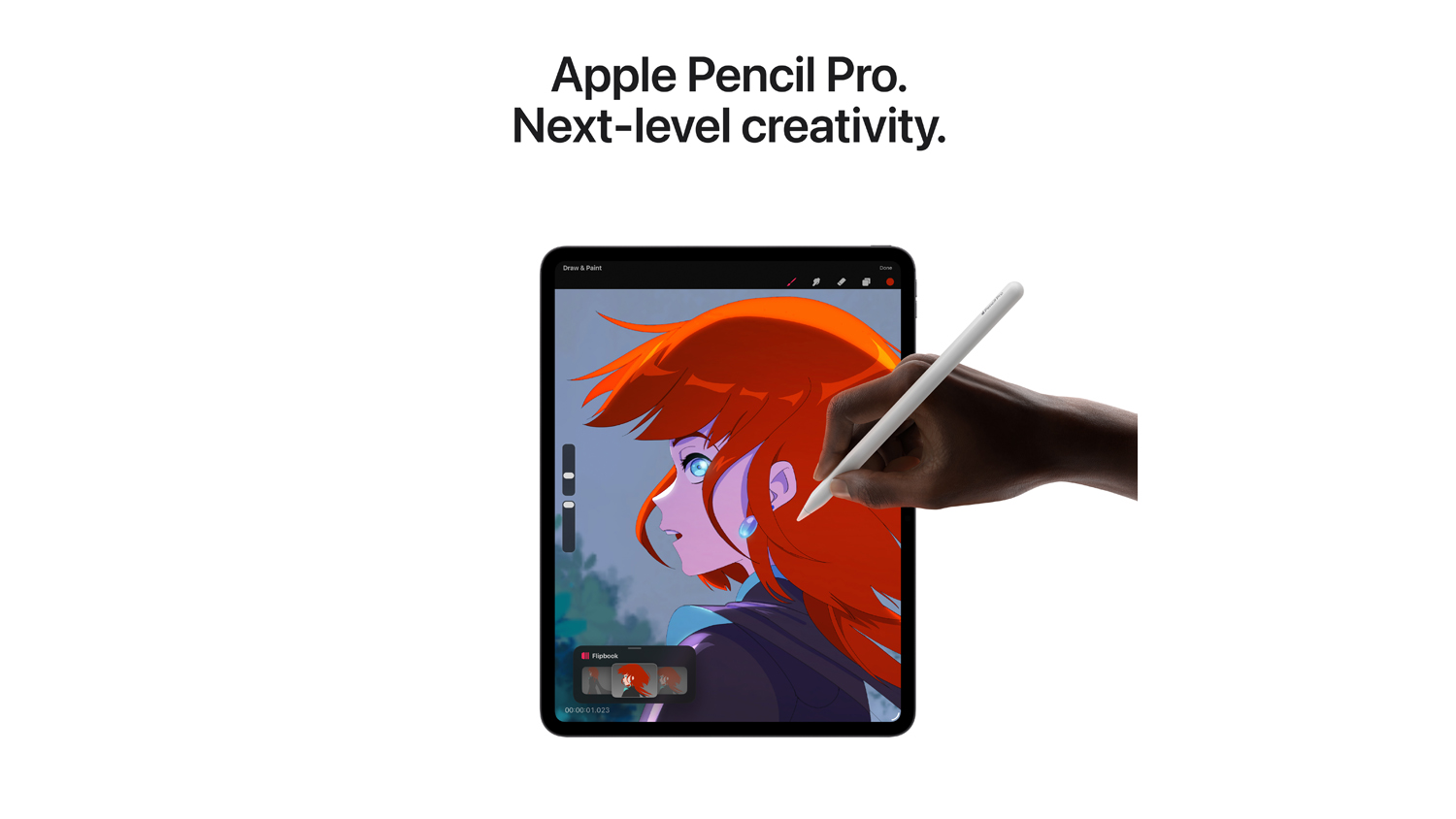 A hand uses the Apple Pencil Pro to draw an anime-style illustration on the iPad Pro