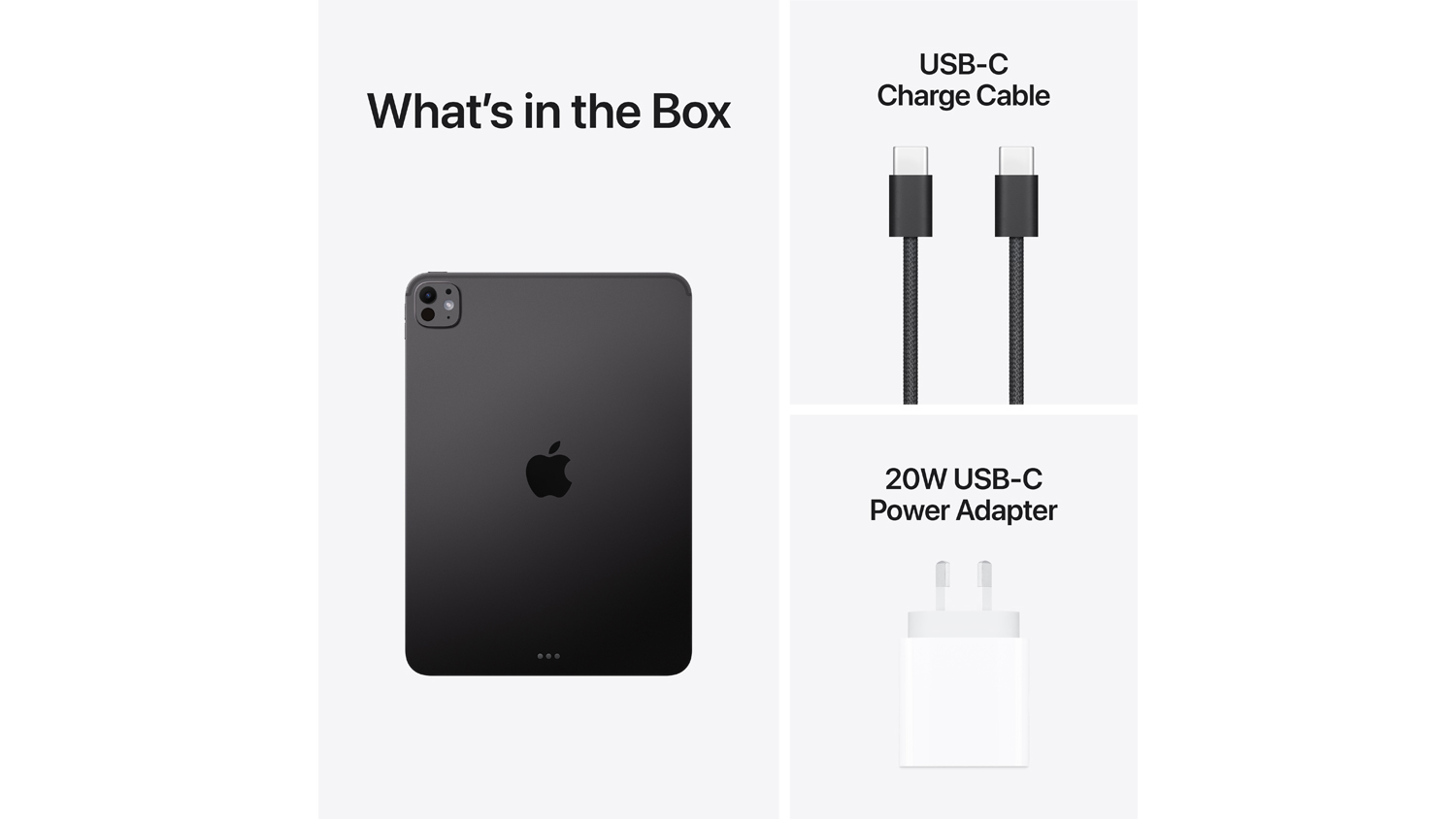 An overview of the packaging’s contents: 11-inch iPad Pro, 20W USB-C Power Adapter, and USB-C Charge Cable