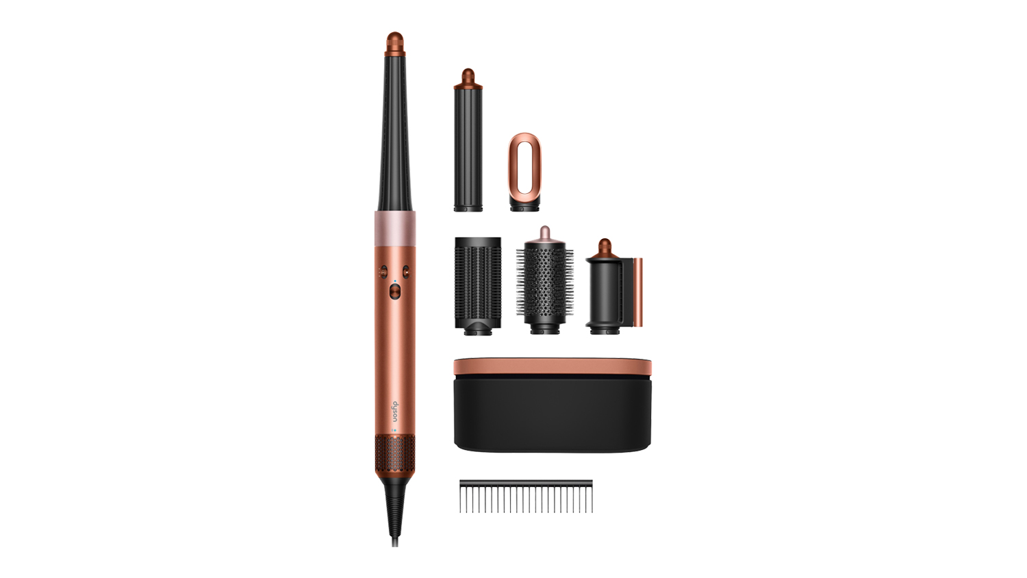 Dyson Airwrap i.d. in Amber Silk/Pink Champagne shown with attachments, a comb, and a storage case