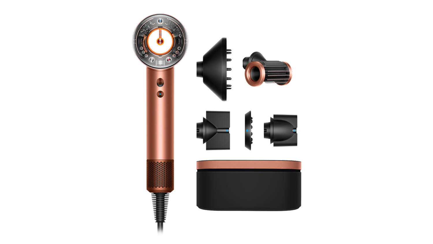Dyson Supersonic Nural Intelligent Hair Dryer in Amber Silk/Pink Champagne with attachments and storage case