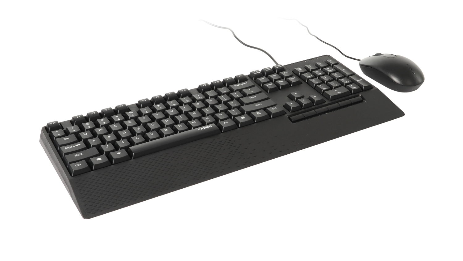 Black wired keyboard with numeric keypad and a wired mouse
