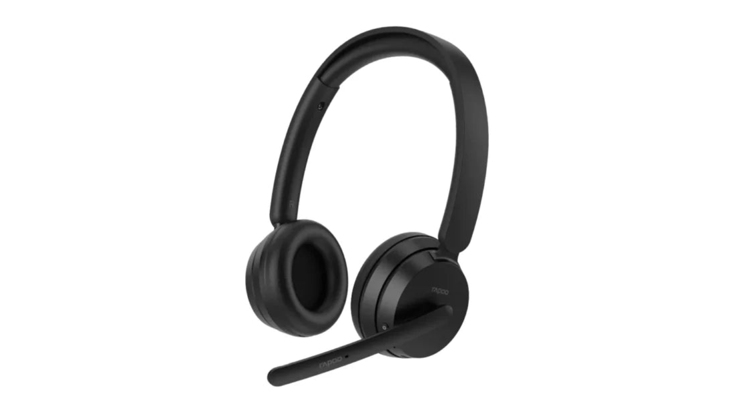 A left-angled view of a black wireless headset